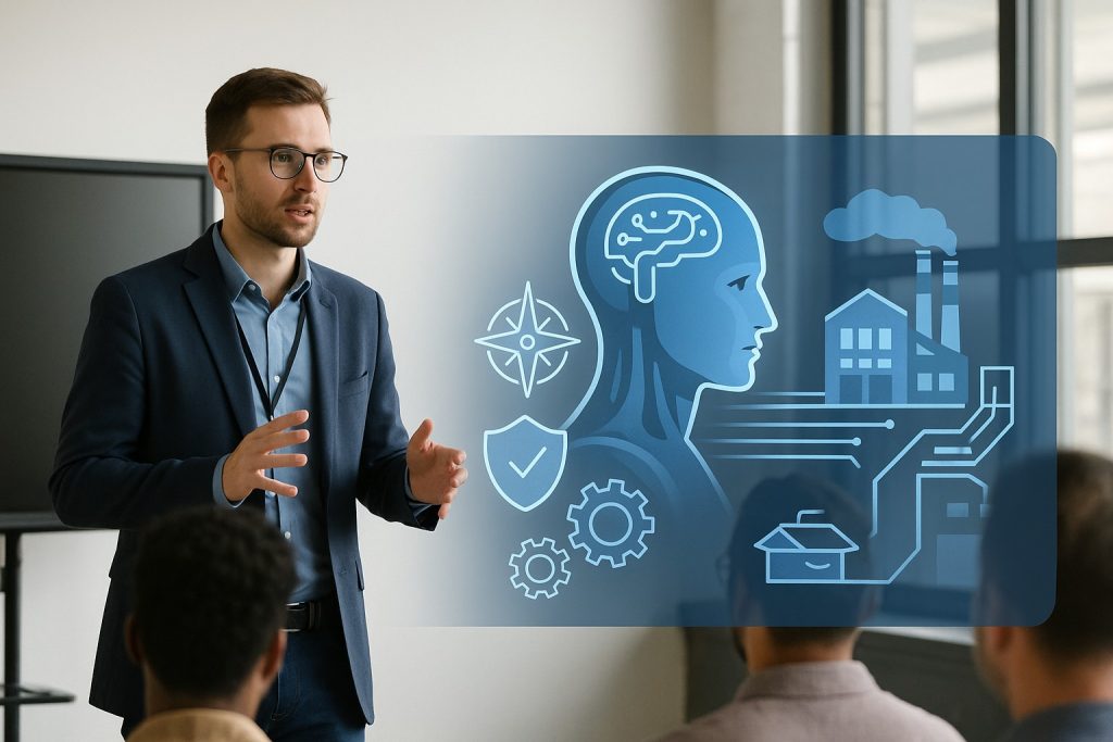 Illustration d’un expert IA présentant la roadmap de l’intelligence artificielle en entreprise