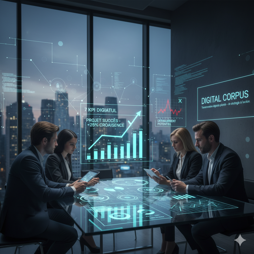 Équipe de consultants travaillant sur un tableau de bord digital interactif affichant des KPI et indicateurs de performance, symbolisant le pilotage et la transformation numérique – Digital Corpus.