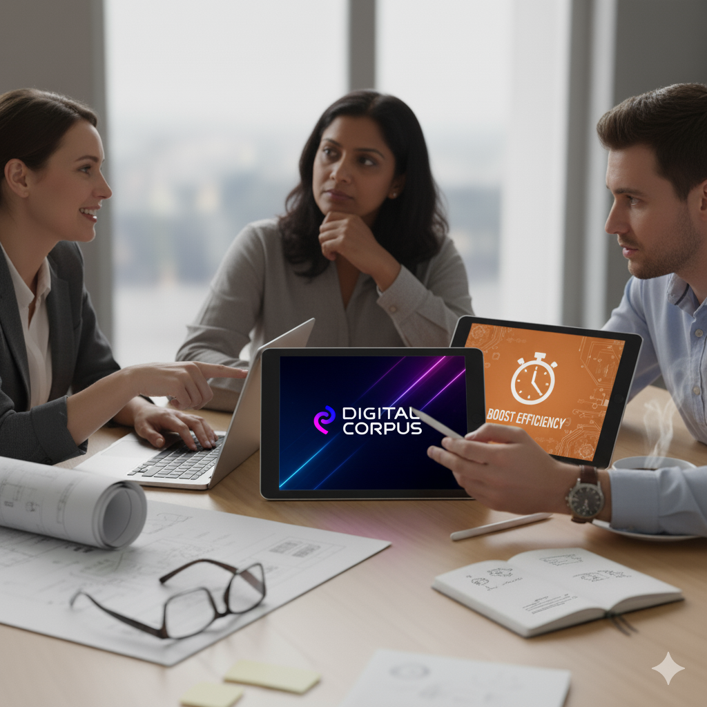 Dirigeants en réunion identifiant les quick wins d’un audit digital PME – Digital Corpus.